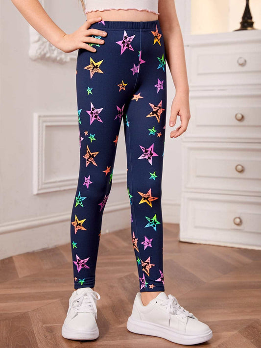 Tween Girl Comfortable Colorful Star Print Knitted Leggings, Tween