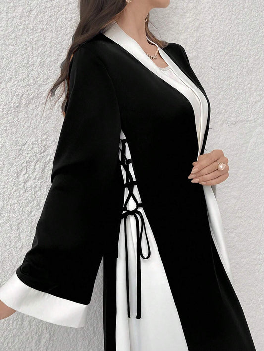 Yasmyna Women'S Color Block Modest Arabian Robe Abaya with Lace Up, Open Front Casual Elegant Long Sleeve Loose Abaya for Casual Daily/Home/Office/Travel/Holiday/Party/School