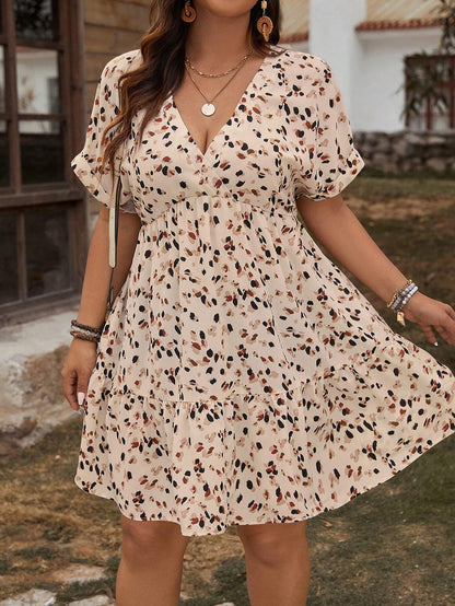 LUNE plus Size V-Neck Short Allover Print Mother Day Dress, Summer