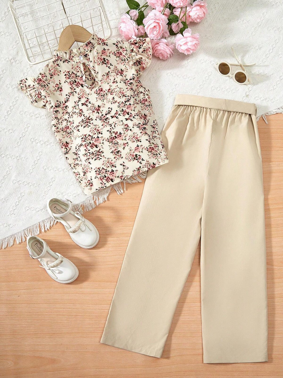 2Pcs/Set Tween Girl Floral Print Frill Trim Top and Pants