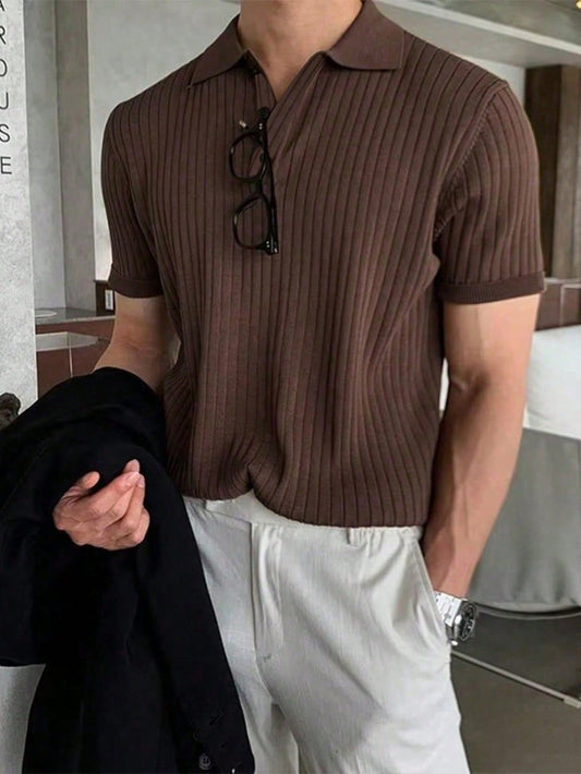 JOLTRO Men'S Formal Old Money Style Solid Color Rib-Knit Brown Polo Shirt