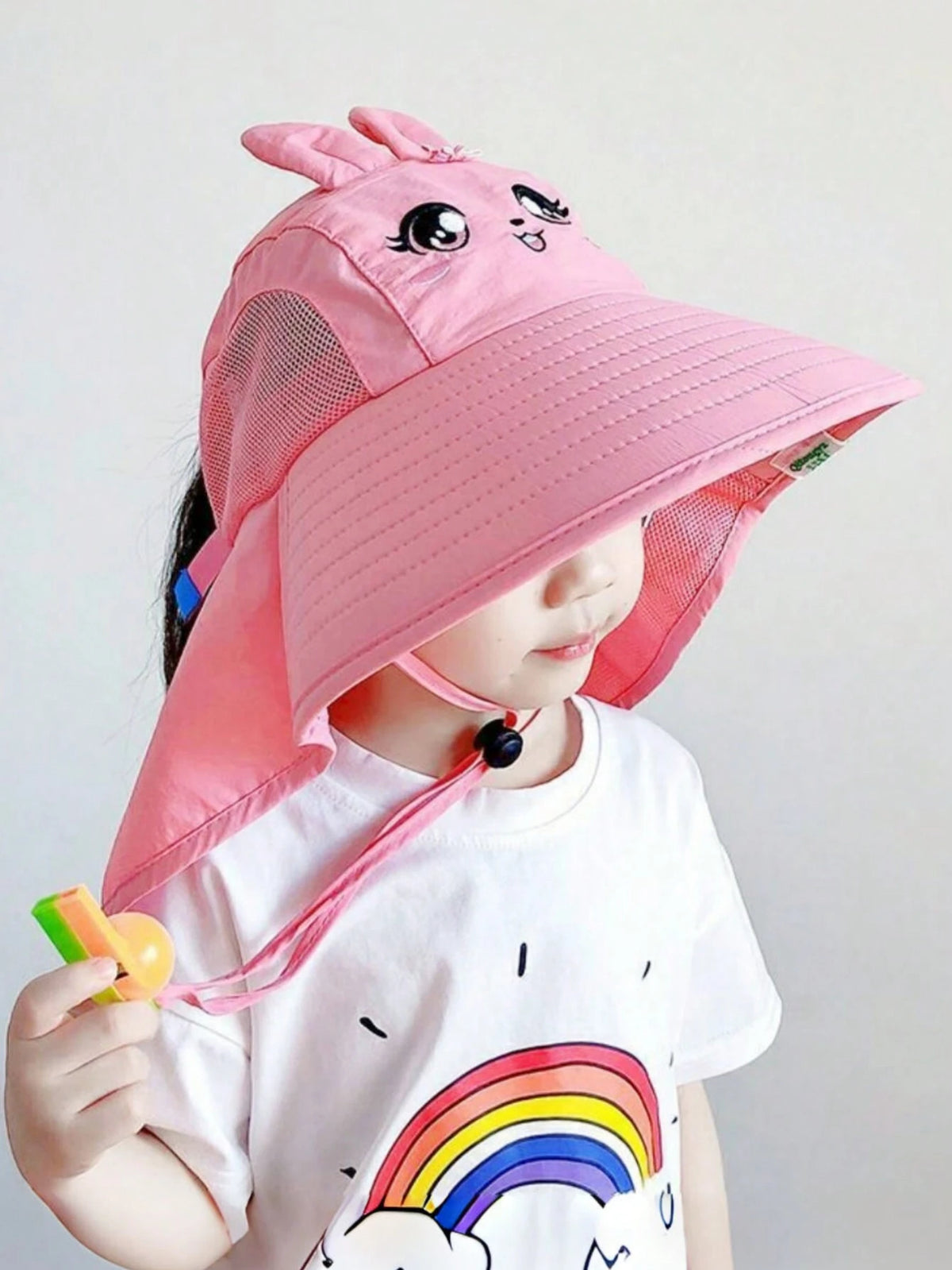 Summer Cute Cartoon Wide Brim Sun Hat for Toddler Boys and Girls, UV Protection Cap with Whistle