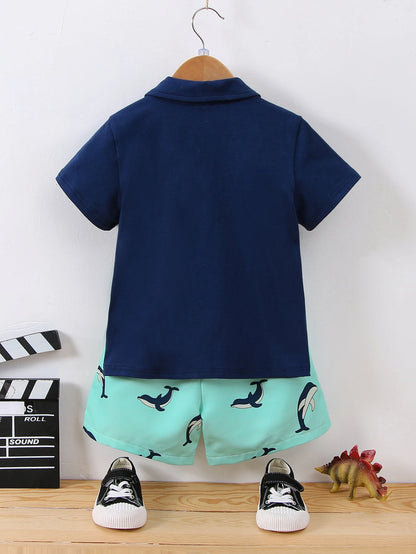 Young Boy 2Pcs/Set Casual Knitted Short Sleeve Polo Shirt & Shorts with Dolphin Embroidery for Summer