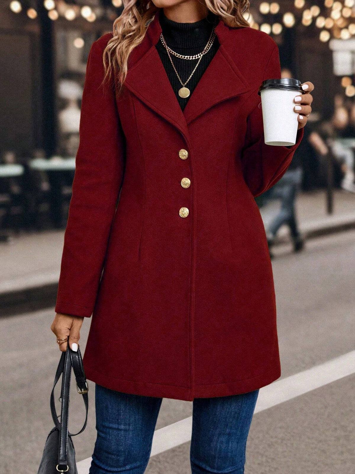 LUNE Solid Color Woolen Coat with Single Breasted Button Fall Winter Cloth for Women
