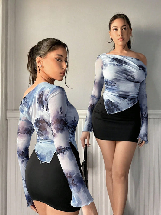 Firerie Women'S Asymmetrical Hem T-Shirt,Light Blue Floral,Summer,Seksi Chic,Night Out,Elegant,,Vacation,Beach,Hawaii,Romance,,Party,Wedding,Concert