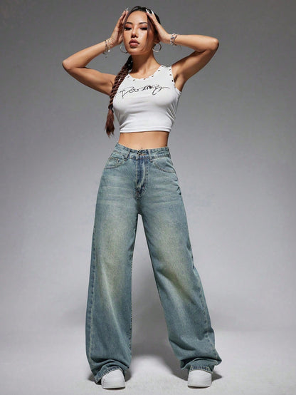 ICON Washed Wide-Leg Jeans with Slanted Pockets Baggy Jeans Y2K