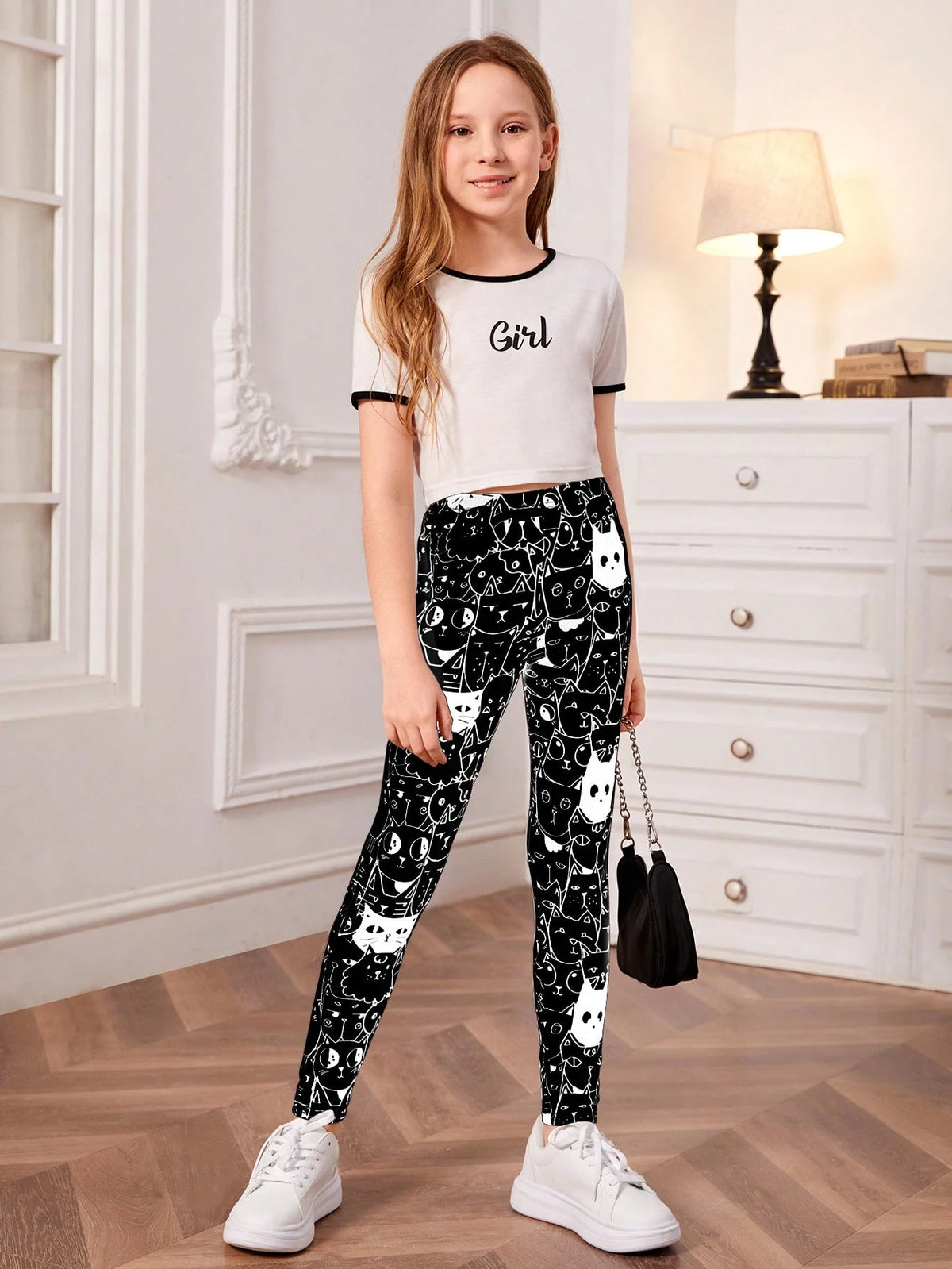 1Pc Girls Cartoon Cat Print Black & White Leggings, Autumn/Winter