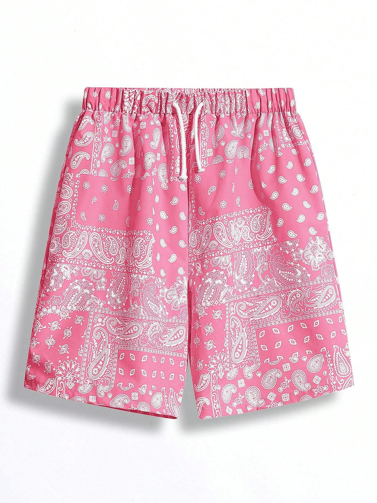 2Pcs Teen Boys' Casual Fit Paisley Pattern Full Print Shorts with Blue and Black Drawstring, Summer