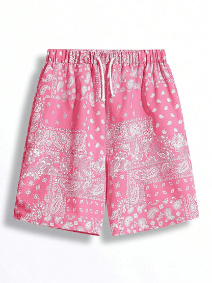 2Pcs Teen Boys' Casual Fit Paisley Pattern Full Print Shorts with Blue and Black Drawstring, Summer