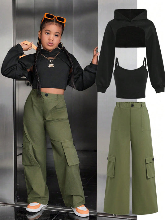 Leap Crew Tween Girl Casual Street Matching Set: Hooded Crop Sweatshirt + Camisole + Thermal Lined Pants, 3Pcs Set
