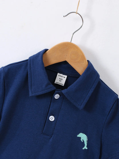 Young Boy 2Pcs/Set Casual Knitted Short Sleeve Polo Shirt & Shorts with Dolphin Embroidery for Summer