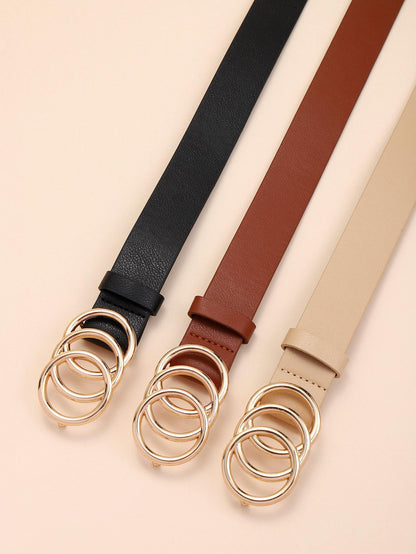 3Pcs Women'S Black Khaki Triple round Buckle Fashionable Belt for Daily Decoration Summer, School Fall, Autumn, Halloween