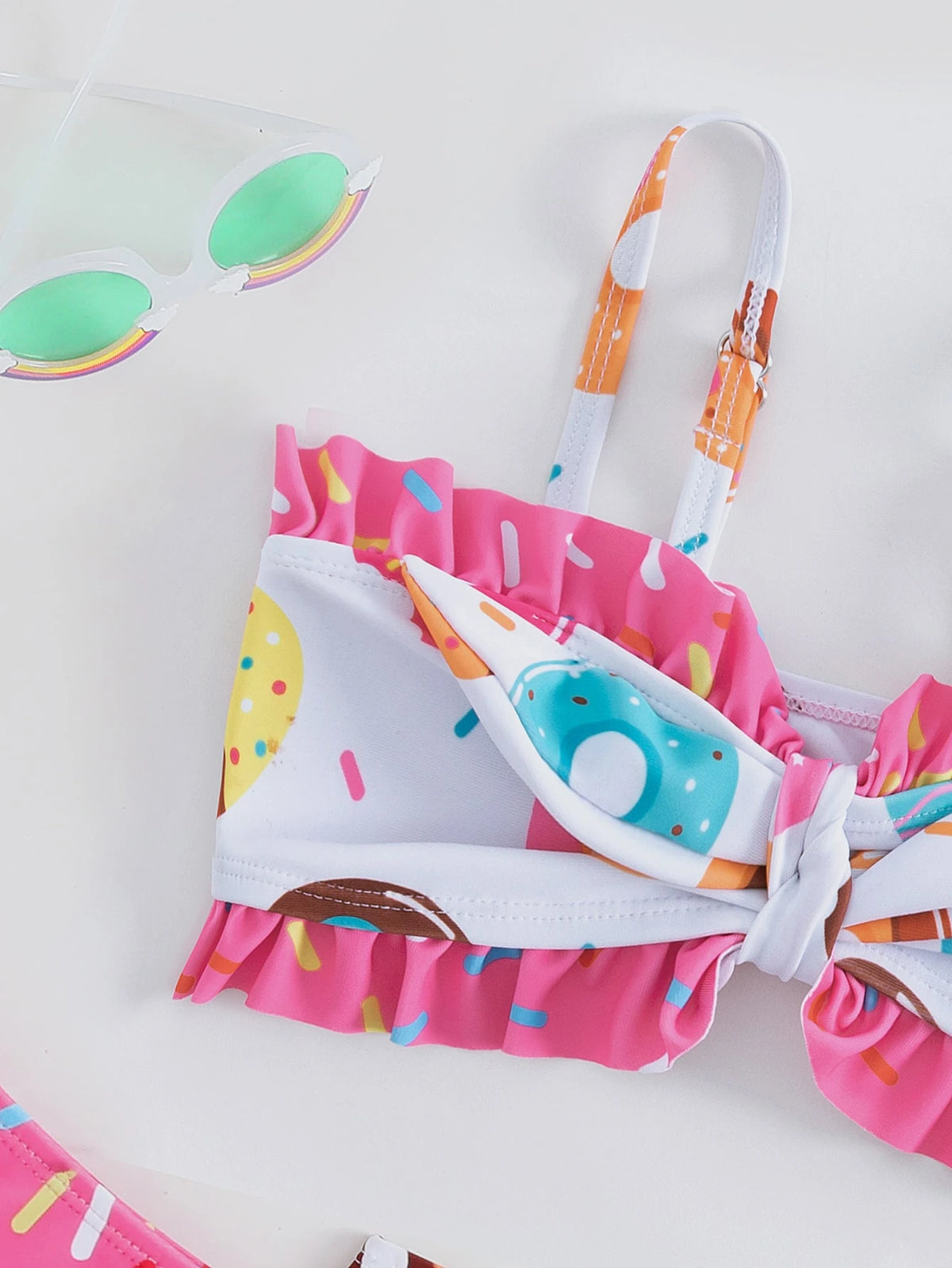 Young Girl Donuts Print Frill Trim Knot Front Bikini Set with Beach Skirt Summer Beach Summer Holiday