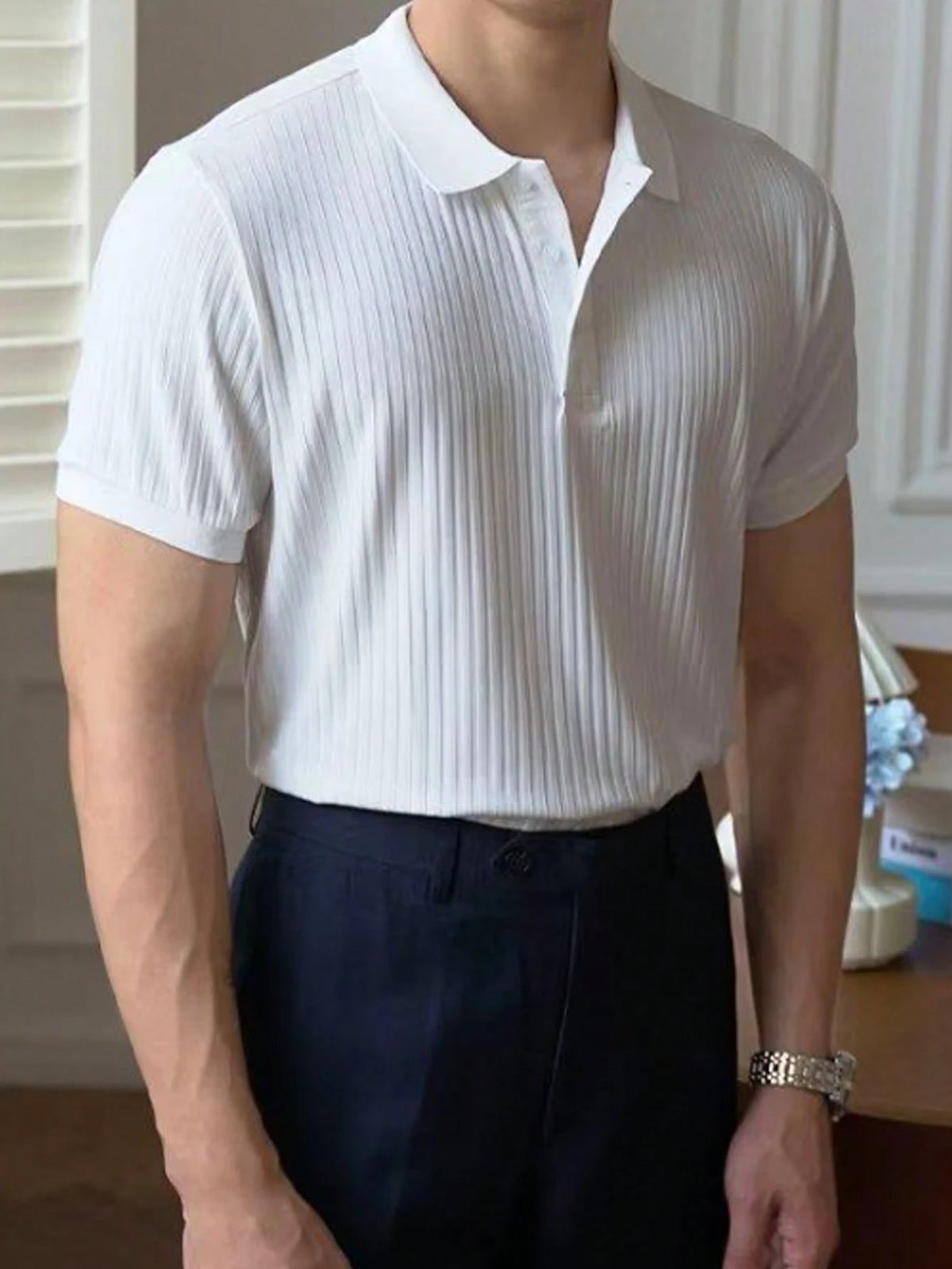 Manfinity Homme Men Ribbed Knit Vacation Plain Casual Quarter Button Polo Shirt, for Husband, Old Money Style
