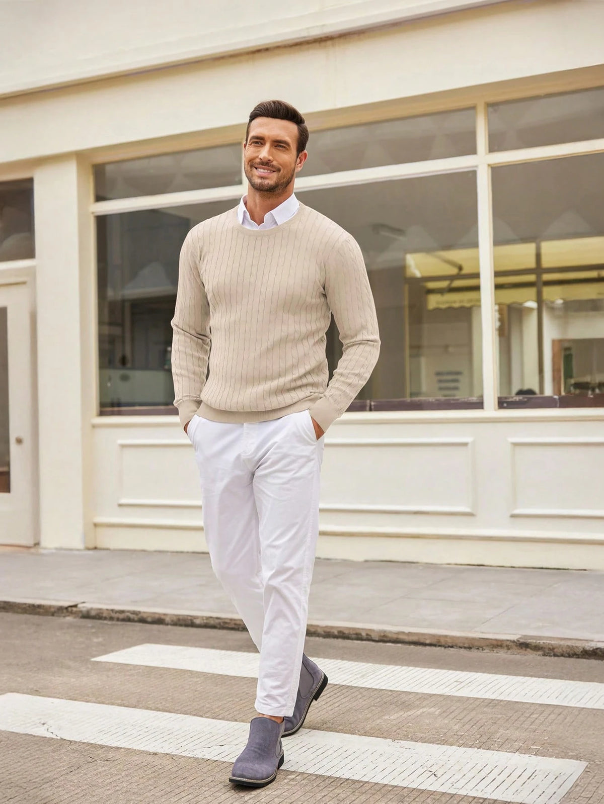 Men'S Solid Color Cable Knit Sweater