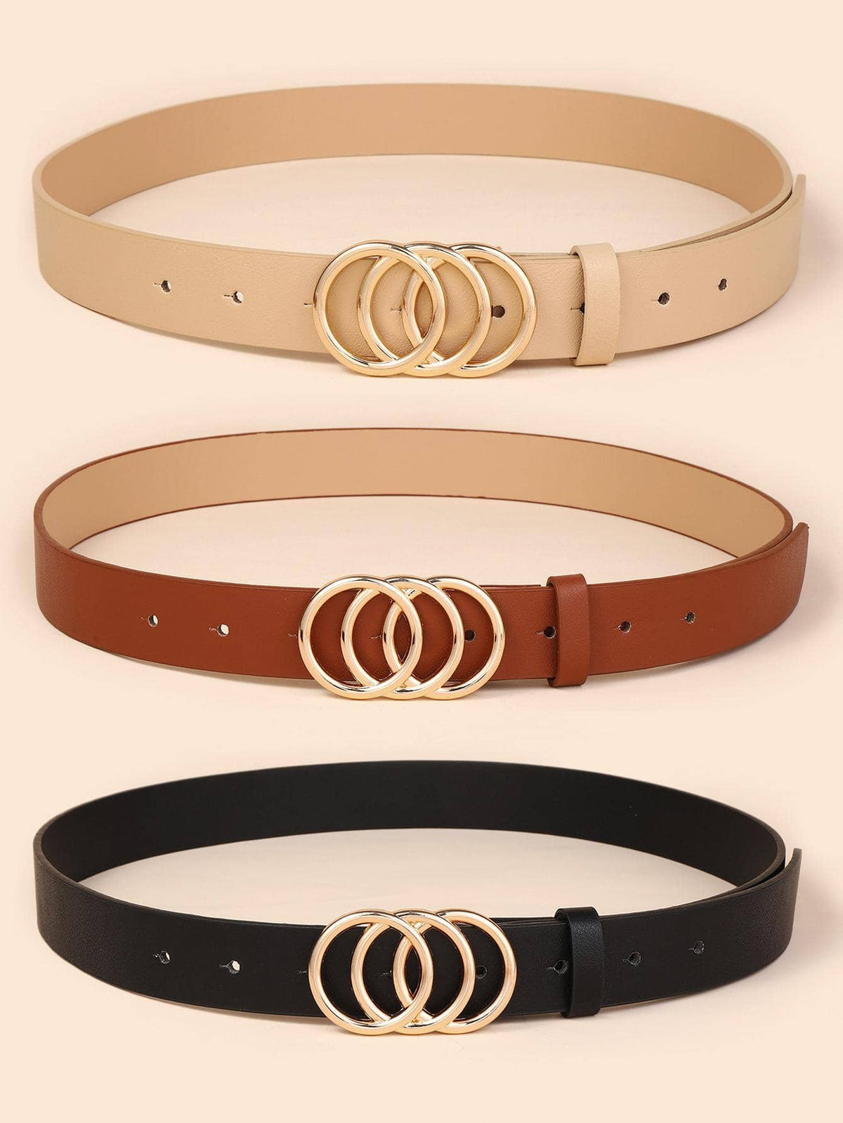 3Pcs Women'S Black Khaki Triple round Buckle Fashionable Belt for Daily Decoration Summer, School Fall, Autumn, Halloween