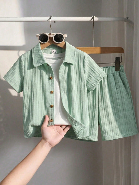Casuvi Kids Young Boy Solid Color Short Sleeve Shirt and Shorts Set