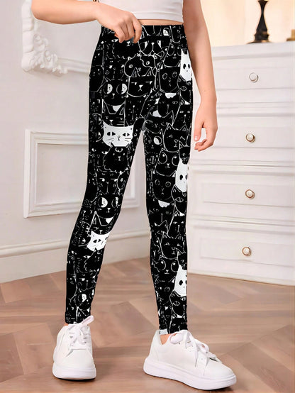 1Pc Girls Cartoon Cat Print Black & White Leggings, Autumn/Winter