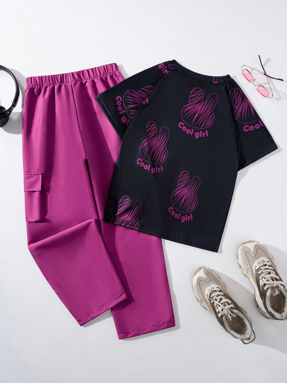 Tween Girl Cool Printed T-Shirt & Fashionable 3D Work Pants, Dark Pink