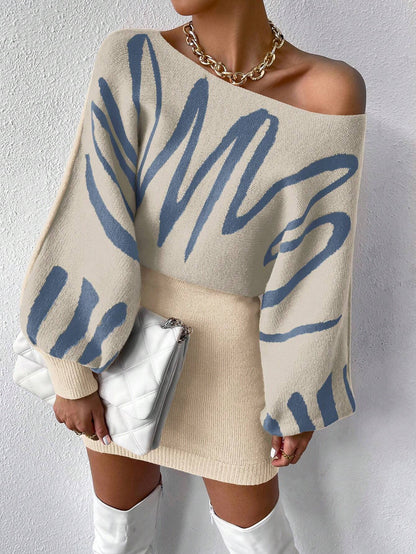 Chiquease Graphic Pattern Batwing Sleeve Sweater Dress Fall Winter Cloth for Women