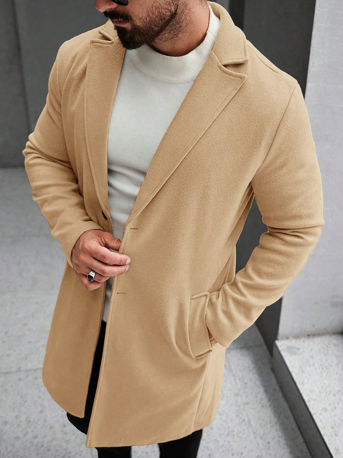 Manfinity Mode Men'S Solid Color Pocket & Button Front Long Sleeve Overcoat, Autumn Fall, Winter
