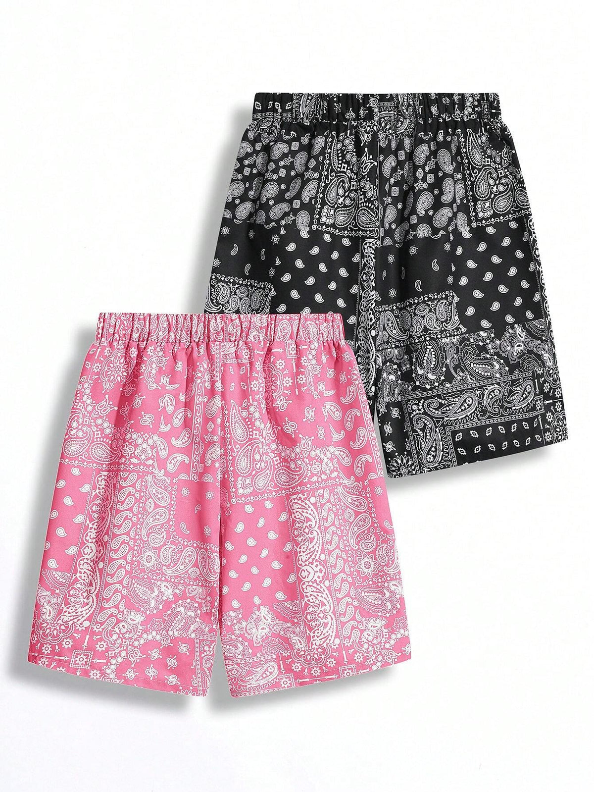 2Pcs Teen Boys' Casual Fit Paisley Pattern Full Print Shorts with Blue and Black Drawstring, Summer