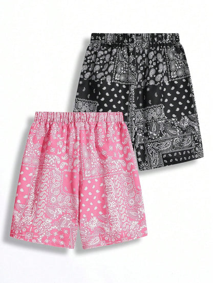 2Pcs Teen Boys' Casual Fit Paisley Pattern Full Print Shorts with Blue and Black Drawstring, Summer
