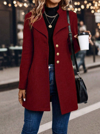 LUNE Solid Color Woolen Coat with Single Breasted Button Fall Winter Cloth for Women
