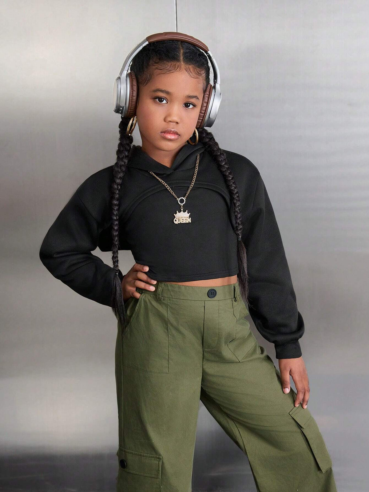 Leap Crew Tween Girl Casual Street Matching Set: Hooded Crop Sweatshirt + Camisole + Thermal Lined Pants, 3Pcs Set