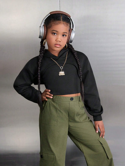 Leap Crew Tween Girl Casual Street Matching Set: Hooded Crop Sweatshirt + Camisole + Thermal Lined Pants, 3Pcs Set