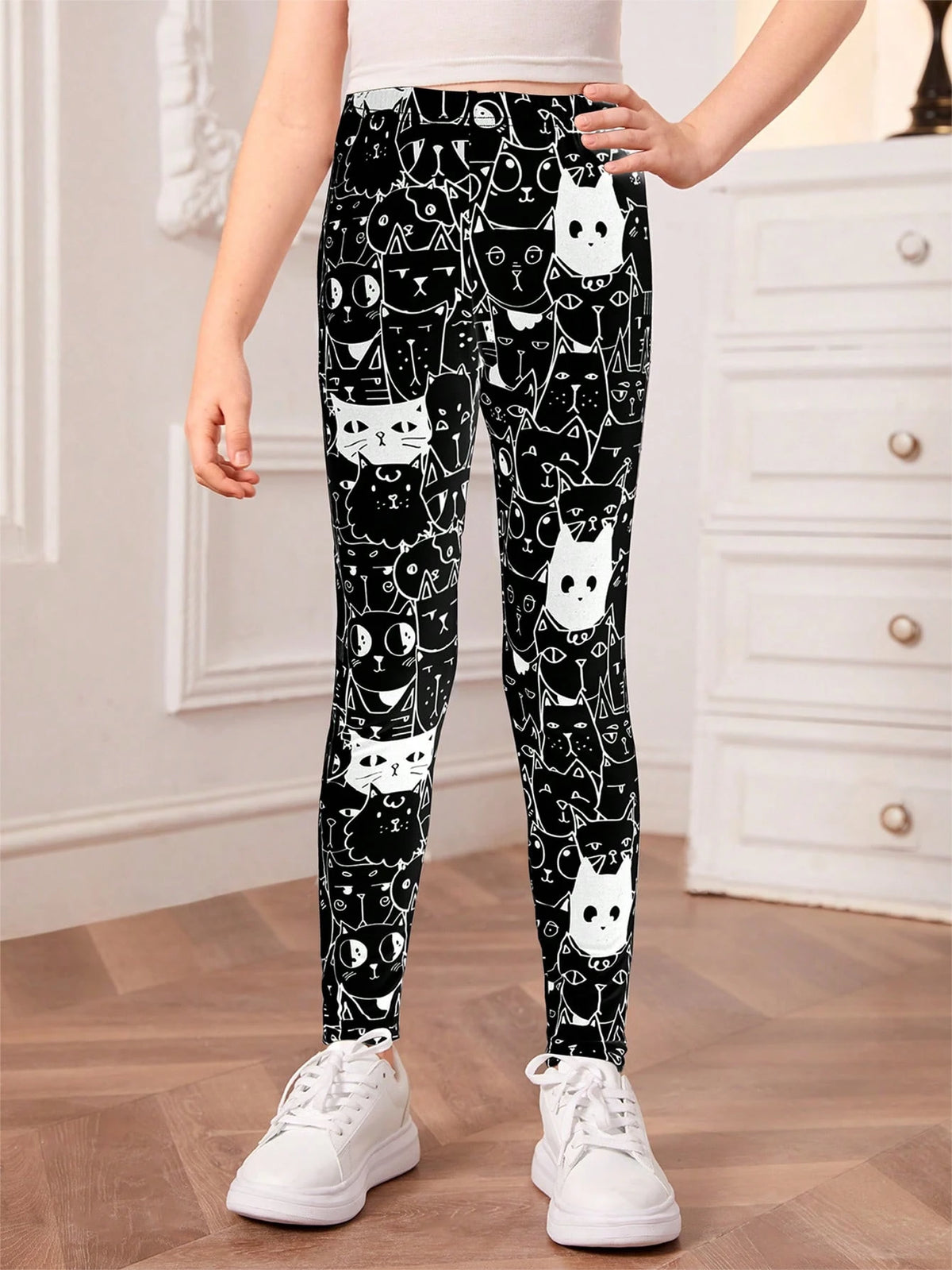 1Pc Girls Cartoon Cat Print Black & White Leggings, Autumn/Winter