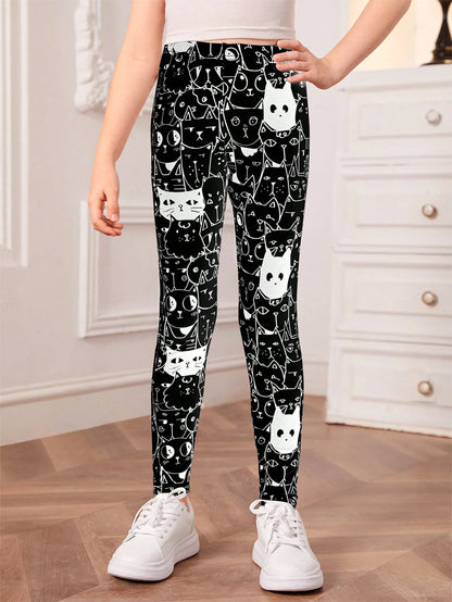 1Pc Girls Cartoon Cat Print Black & White Leggings, Autumn/Winter