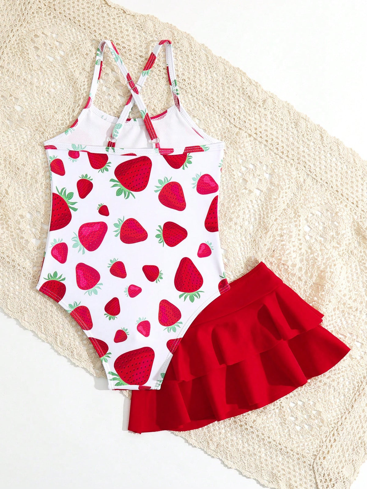 Young Girl One-Piece Swimsuit Set with Skirt, Cute Strawberry Print, Adjustable Shoulder Strap, Beach Summer Summer Holiday