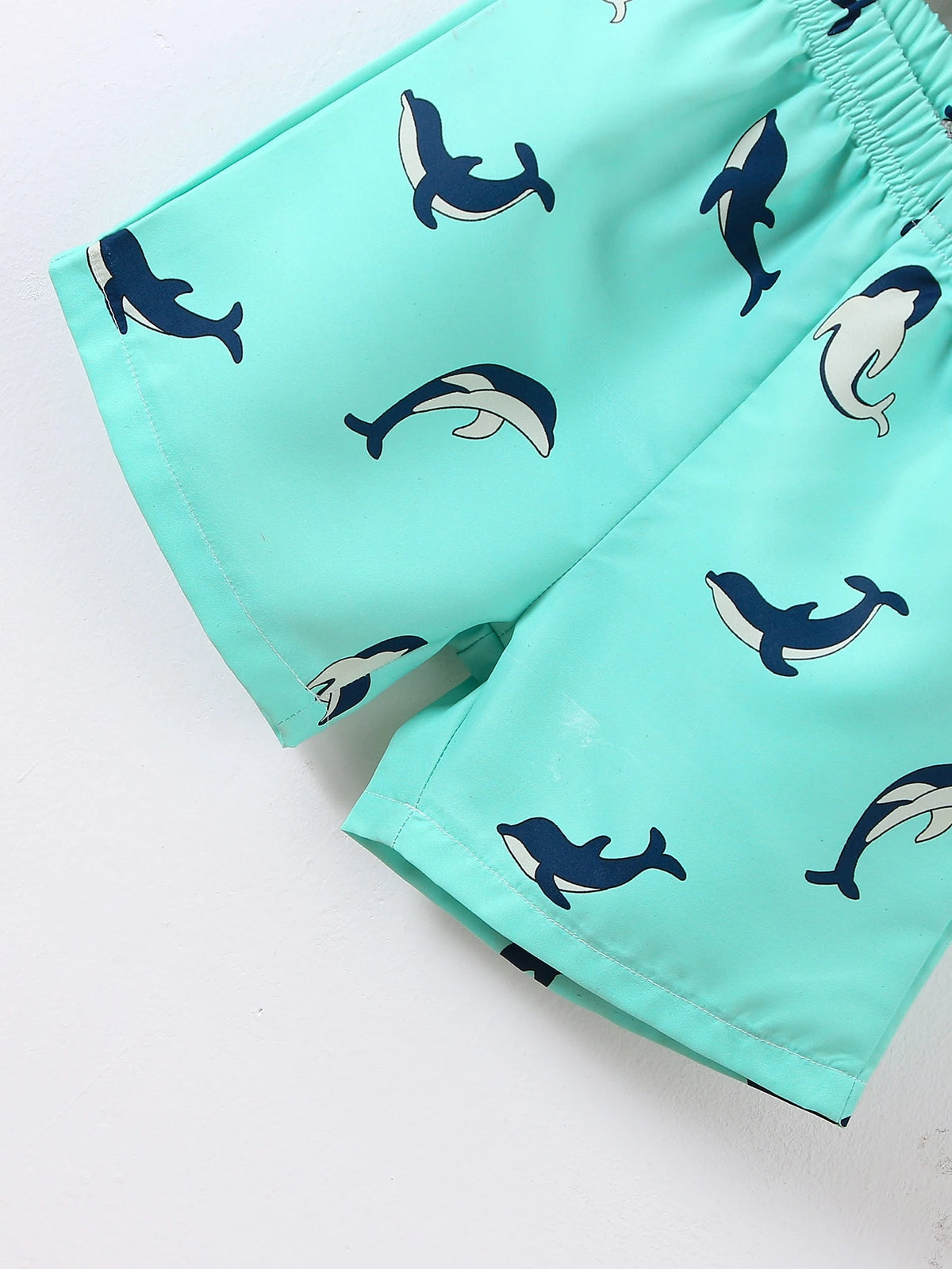 Young Boy 2Pcs/Set Casual Knitted Short Sleeve Polo Shirt & Shorts with Dolphin Embroidery for Summer