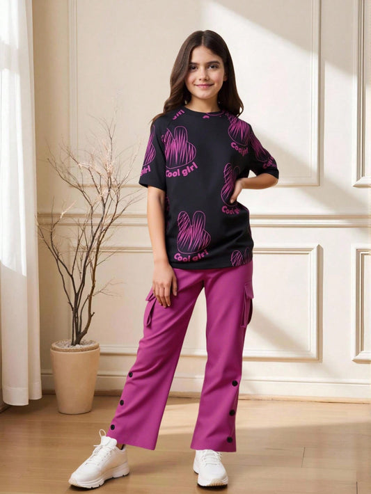 Tween Girl Cool Printed T-Shirt & Fashionable 3D Work Pants, Dark Pink