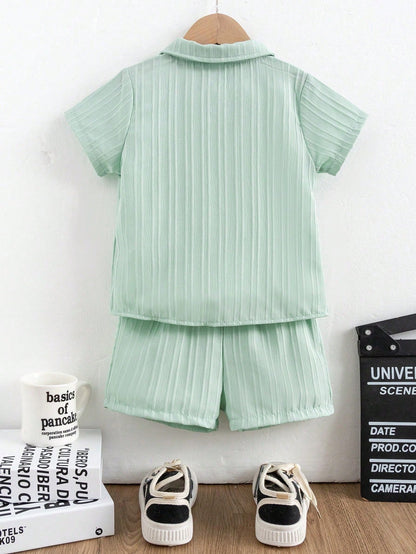 Casuvi Kids Young Boy Solid Color Short Sleeve Shirt and Shorts Set
