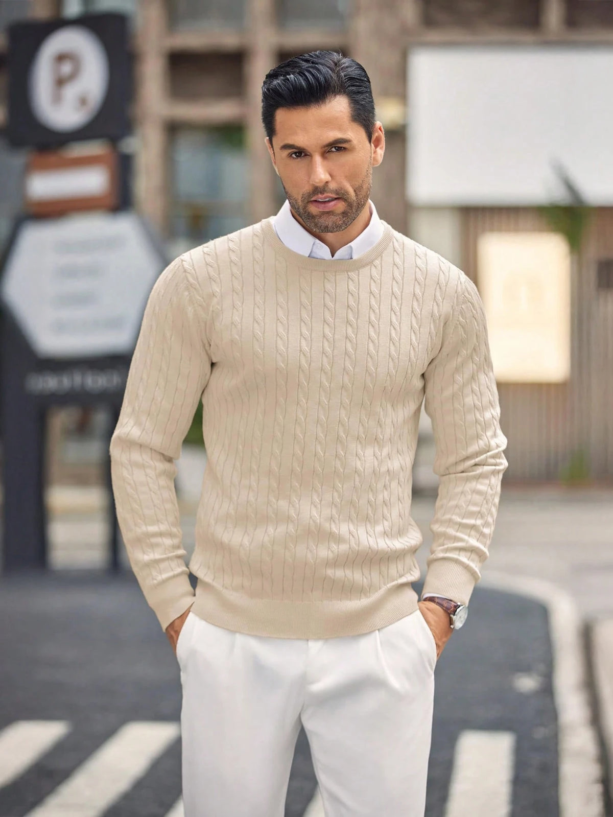 Men'S Solid Color Cable Knit Sweater