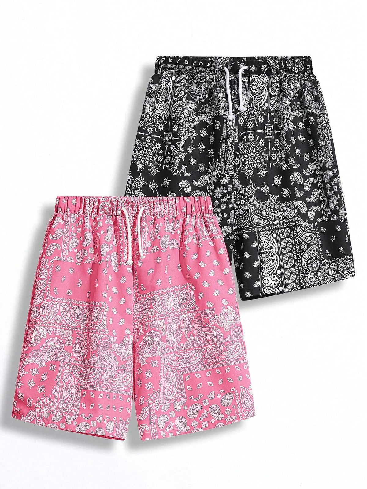 2Pcs Teen Boys' Casual Fit Paisley Pattern Full Print Shorts with Blue and Black Drawstring, Summer