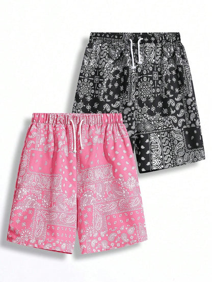 2Pcs Teen Boys' Casual Fit Paisley Pattern Full Print Shorts with Blue and Black Drawstring, Summer