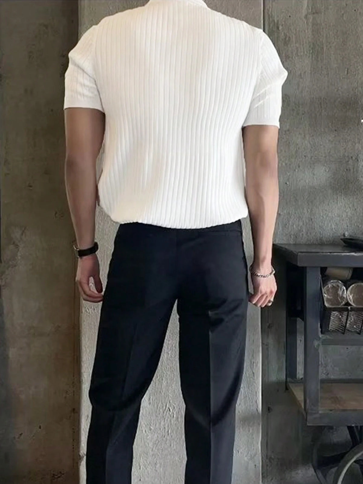 Manfinity Homme Men Ribbed Knit Vacation Plain Casual Quarter Button Polo Shirt, for Husband, Old Money Style