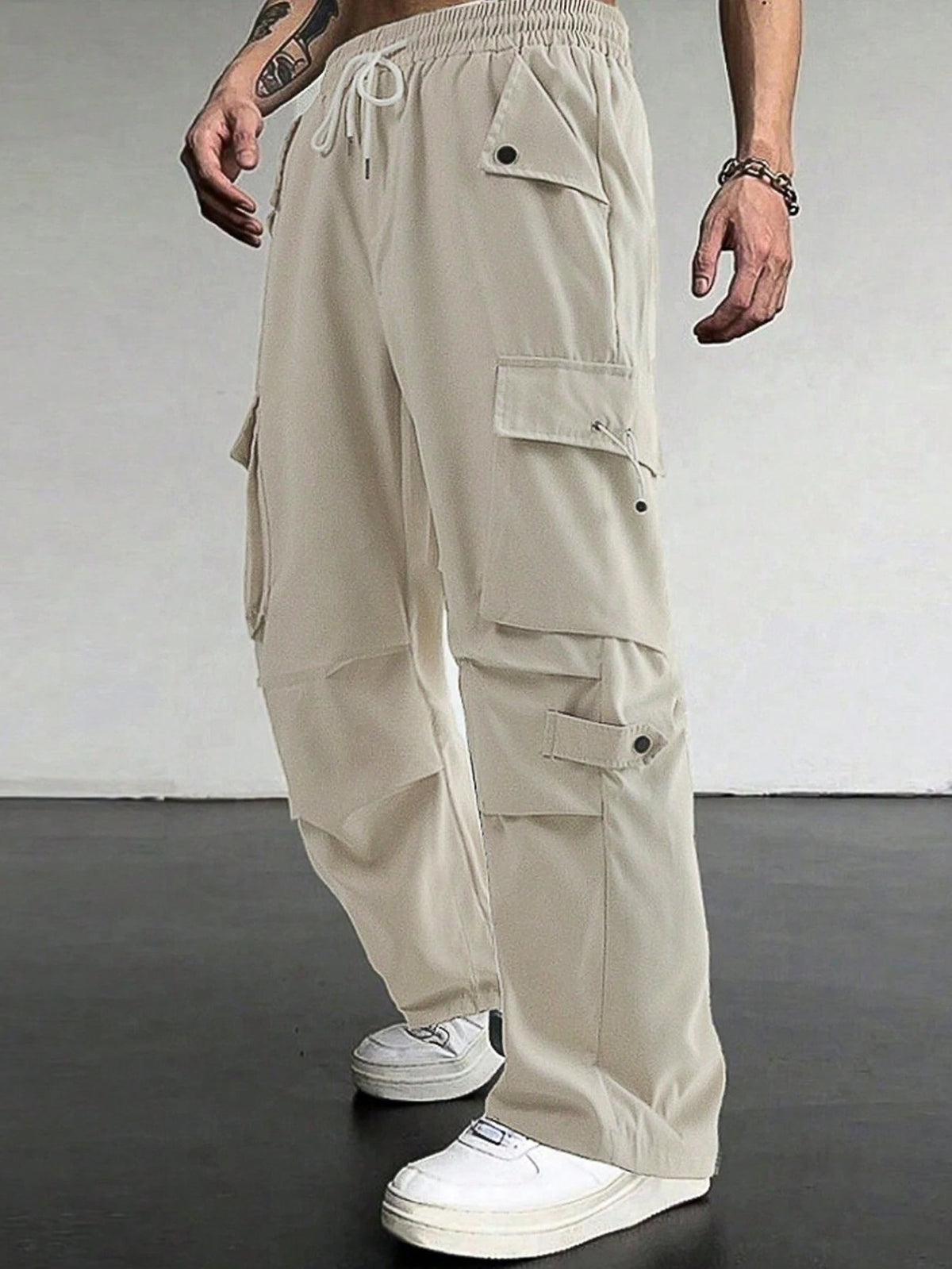 Manfinity Homme Men'S Flap Pocket Drawstring Waist Cargo Pants Baggy Long Plain Going Out, for Fall