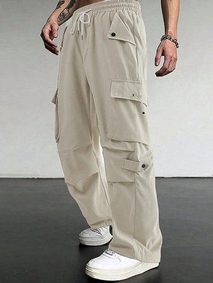 Manfinity Homme Men'S Flap Pocket Drawstring Waist Cargo Pants Baggy Long Plain Going Out, for Fall