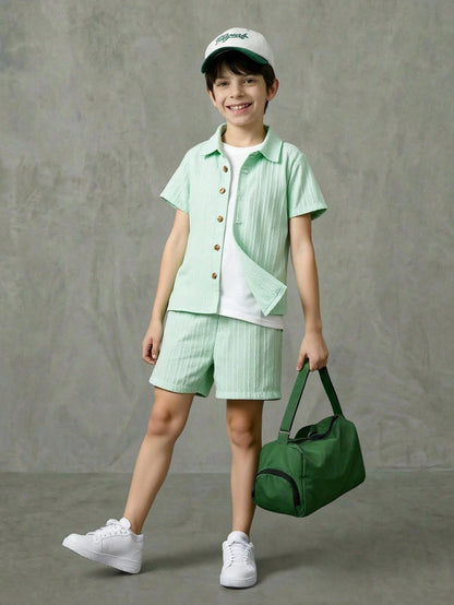 Casuvi Kids Young Boy Solid Color Short Sleeve Shirt and Shorts Set