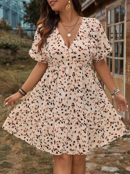 LUNE plus Size V-Neck Short Allover Print Mother Day Dress, Summer