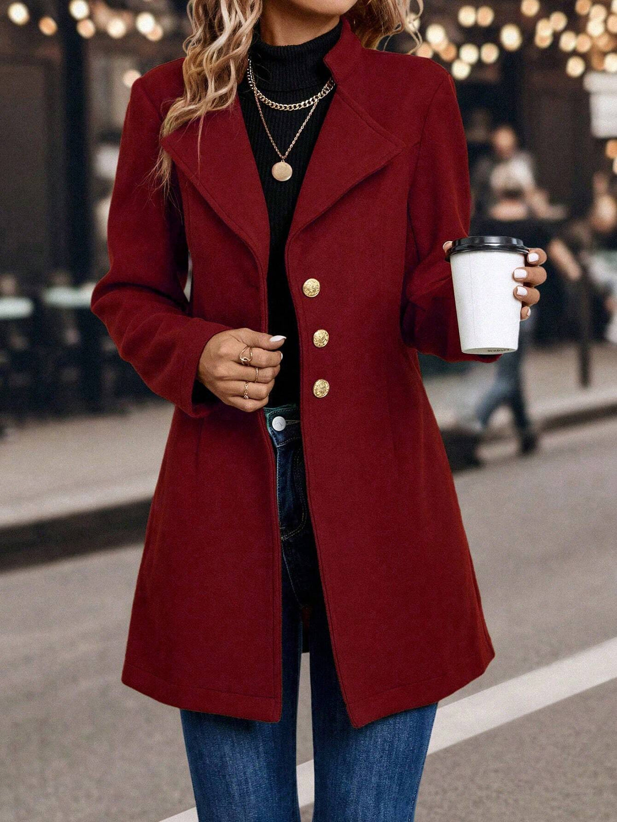 LUNE Solid Color Woolen Coat with Single Breasted Button Fall Winter Cloth for Women
