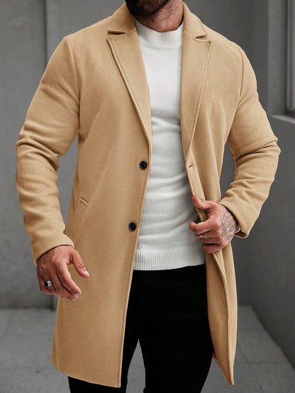 Manfinity Mode Men'S Solid Color Pocket & Button Front Long Sleeve Overcoat, Autumn Fall, Winter