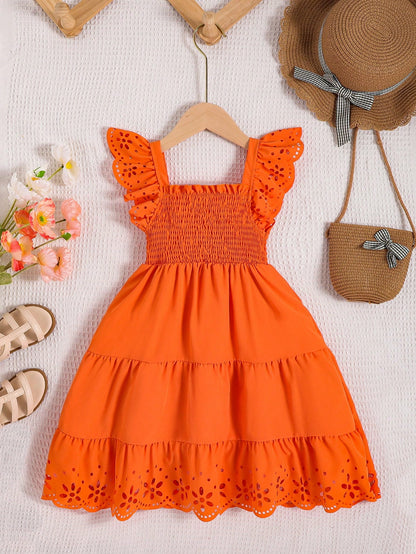 Elladie Kids Young Girl Eyelet Embroidery Trim Ruffle Hem Dress Summer Holiday