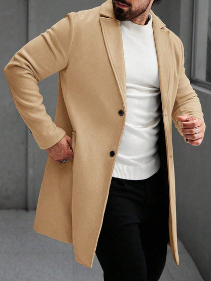 Manfinity Mode Men'S Solid Color Pocket & Button Front Long Sleeve Overcoat, Autumn Fall, Winter