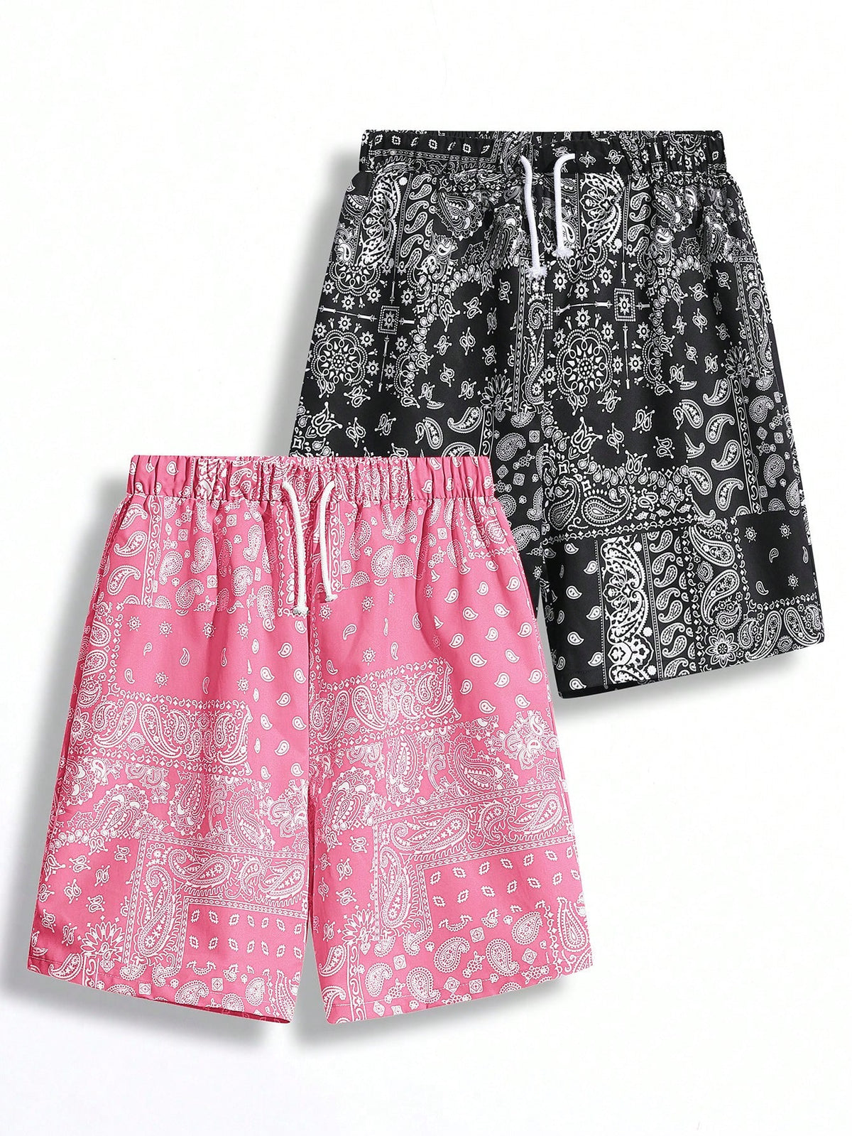 2Pcs Teen Boys' Casual Fit Paisley Pattern Full Print Shorts with Blue and Black Drawstring, Summer
