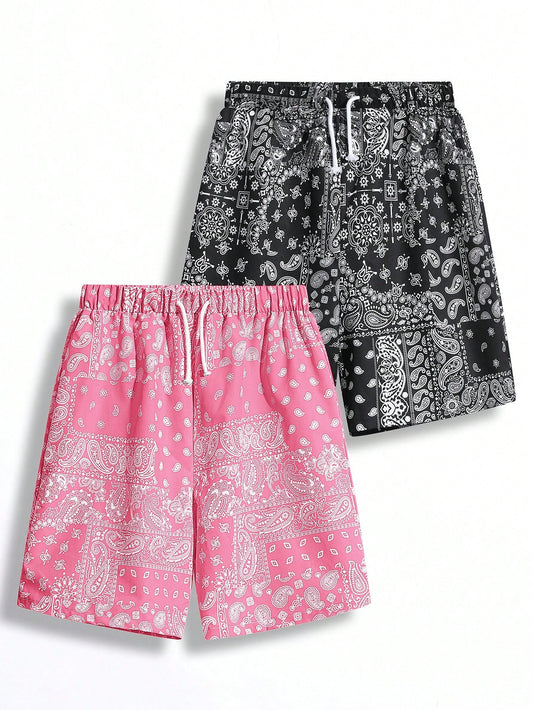 2Pcs Teen Boys' Casual Fit Paisley Pattern Full Print Shorts with Blue and Black Drawstring, Summer